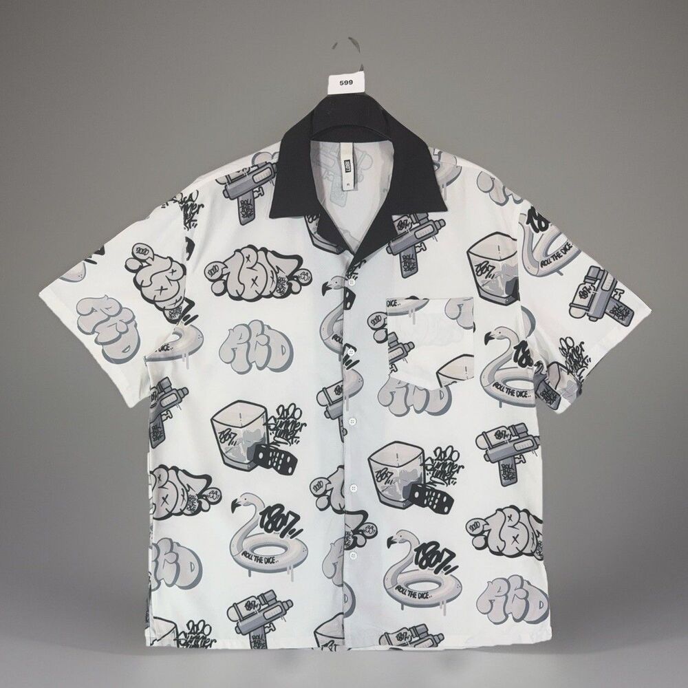 1807 Roll The Dice Graphic Button Up Shirt Short Sleeve Streetwear White XL